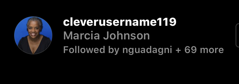 Image of a Twitter username profile for Marcia Johnson. The username reads cleverusername119.
