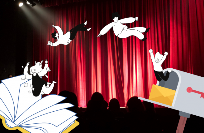 Illustration of people hopping from a mailbox to an open book set over a photo of a red theatre curtain.