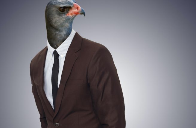 Parliament of the Birds Promo Image, the body of a man in a suit with a bird head.