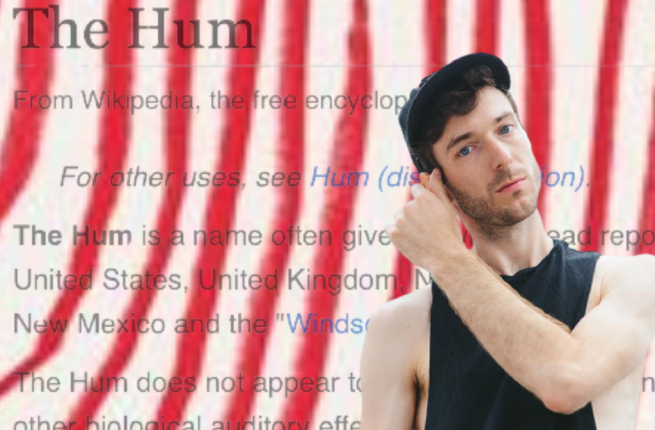 A photograph of Jordan Tannahill in front of a Wikipedia screenshot describing The Hum. There are red lines across the Wikipedia text, reminiscent of those on The Listeners' front cover.