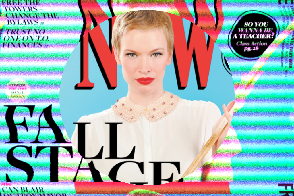 A distorted image of NOW Magazine's September cover is in the background, distorted as is played across a blurry TV. Overlaid is a clearer version of the image, set in a circular frame.