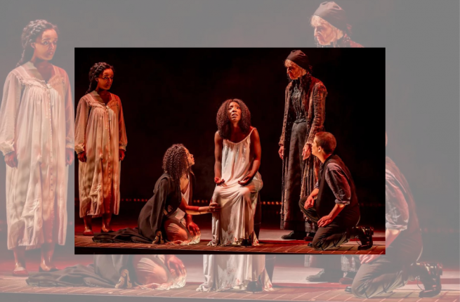 Helen Belay, Vanessa Sears, Virgilia Griffith, Nancy Palk, and Breton Lalama onstage in Soulpepper's production of Erin Shields' Queen Goneril.