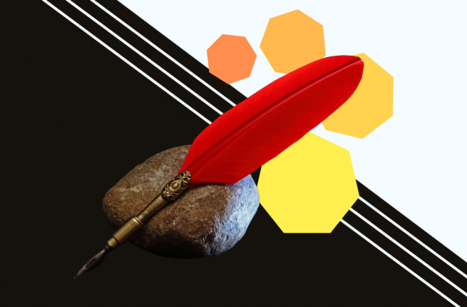 A bright red quill rests on a deep gray and white background. The quill rests gently on a stone, ready to use. Behind the quill float four heptagons in varying shades of yellow and orange.