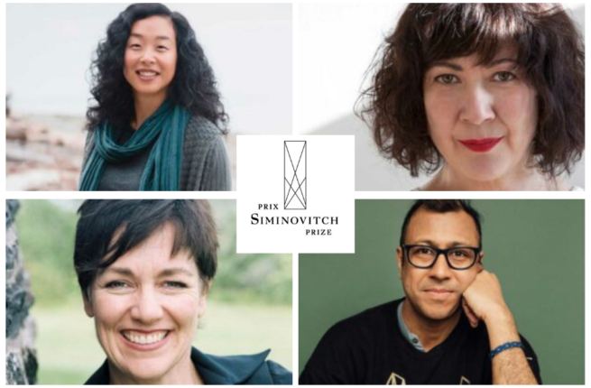 Four images of the the individual Siminovitch Prize finalists, clockwise from top left: Sherry J. Yoon, Marie Brassard, Ravi Jain, and Ann-Marie Kerr. In the middle of the four images is a white box containing the Siminovitch Prize logo: Prix Siminovitch Prize.