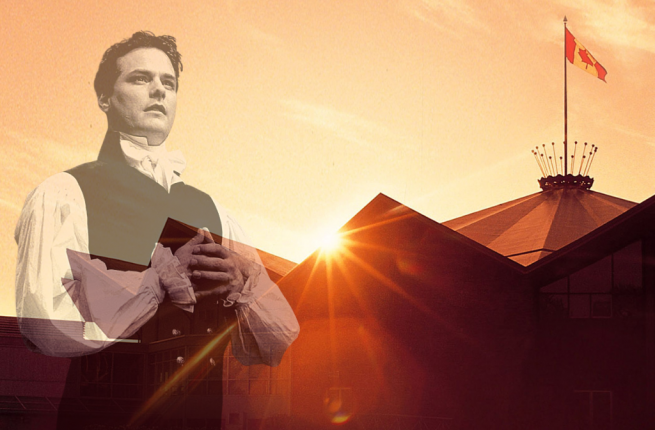 The sun sets behind the Stratford Festival's Festival Theatre building. A Canadian flag blows in the wind on the roof of the building, a bright splash across the orange sky. In the foreground is a translucent image of Canadian actor Paul Gross, imposed over the image. He wears a collared white shirt and a black vest, with his hands clasped in front of his chest. The image is from the Festival's 2000 production of Hamlet, in which Gross played the title role.