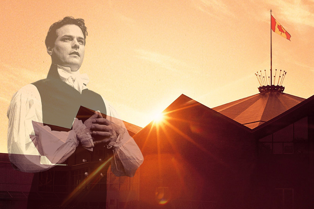 The sun sets behind the Stratford Festival's Festival Theatre building. A Canadian flag blows in the wind on the roof of the building, a bright splash across the orange sky. In the foreground is a translucent image of Canadian actor Paul Gross, imposed over the image. He wears a collared white shirt and a black vest, with his hands clasped in front of his chest. The image is from the Festival's 2000 production of Hamlet, in which Gross played the title role.