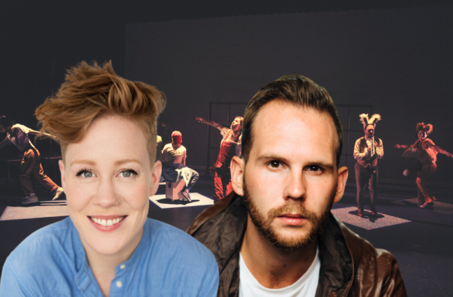 Two images of Fiona Sauder (she/they) and Matt Pilipiak (he/they) superimposed over a production image of Bad Hats Theatre's 2022 production of Alice in Wonderland. Sauder wears a blue button-down shirt, their short red hair tousled as she smiles at the camera. Pilipiak wears a brown jacket over a white shirt, with a more serious expression as they stare into the camera lens.