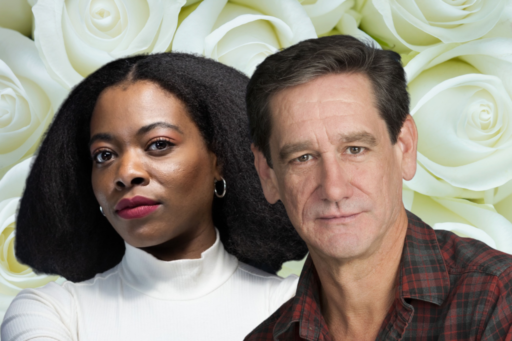 Two images of Monice Peter and Martin Julien superimposed over an image of white roses. Peter wears red lipstick and a white turtleneck, with her black hair falling to her shoulders. Julien wears a red and grey plaid shirt, and looks intently at the camera.