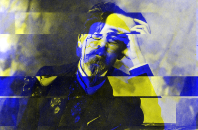 Black and white photo of a man, overlaid with digital cuts of blue and yellow distorting the image.