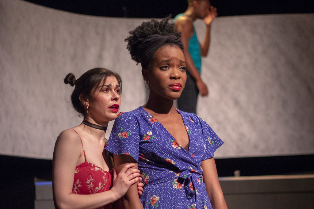 Caroline Toal, Rachel Mutombo, and Christopher Allen in Selfie at YPT. Scenographv by Claire Allison Hill; Projection Design by Daniel Oulton; Lighting Design bv Oz Weaver; and Sound Design by Deanna Hi Choi. Photo by Ali Sultani.