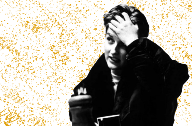 Sarah Kane, in black and white, looking up to the right and sweater. Her left hand reaches up to tousle her own short hair. A gold speckled background behind her.