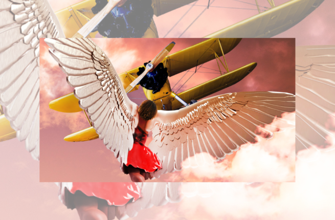 Pink clouds overlaid with an older yellow plane, and an angel-like figure flying in front of the plane with a red dress.