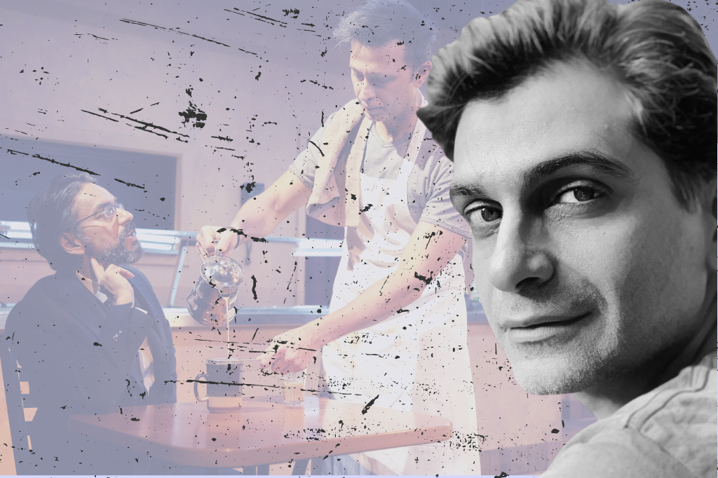 The banner image for Chris Dupuis' interview with Anosh Irani on his new play, Behind the Moon. The image features a filteres picture of the production, starring Vik Sahay and Ali Kazmi. A periwinkle filter over the photo gives it an aged look, combined with a black-flecked filter. In the foreground of the image is Irani's headshot.