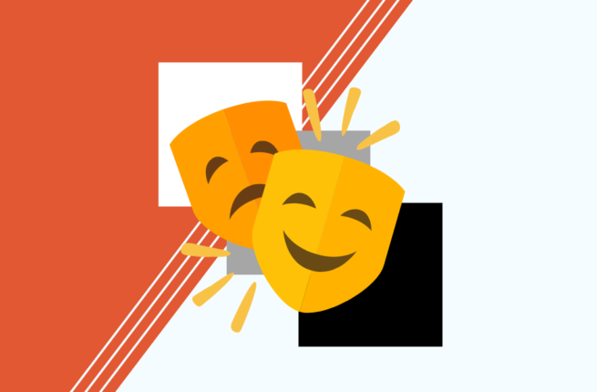 Two orangey-yellow drama masks rest on three stacked squares in shades of grey. The image rests on a dark orange background bisected with white-ish blue.