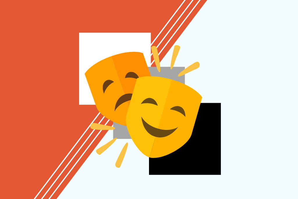 Two orangey-yellow drama masks rest on three stacked squares in shades of grey. The image rests on a dark orange background bisected with white-ish blue.