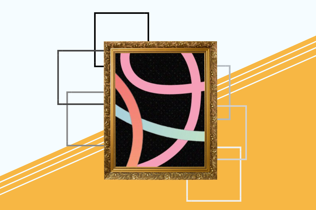 An ornate golden picture frame rests on two toned background yellow-orange and white, split diagonally. Inside the frame are colourful swirls of pale orange, blue, and pink. Behind the frame are six hollow squares in varying shades of grey.