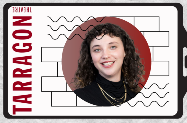 A circular image of Heather Caplap rests on a graphic lanyard. Heather has curly dark hair, green eyes, and a septum piercing and smiles widely at the camera. She wears a black turtleneck with layered gold necklaces. Surrounding her image are graphic line shapes. On the left of the image in Tarragon Theatre's logo, which matches the red background of Heather's headshot.