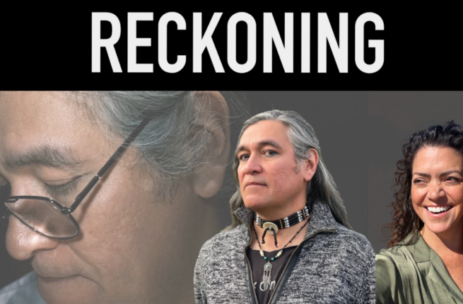 Poster for 'Reckoning' production, with a man's face in the background wearing glasses looking down. Jonathan Fisher in a grey sweater and Tara Beagan smiling overlay the man.