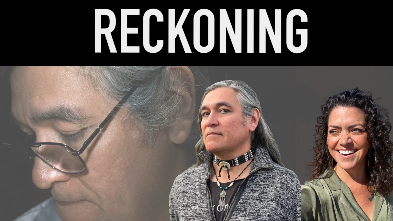 Poster for 'Reckoning' production, with a man's face in the background wearing glasses looking down. Jonathan Fisher in a grey sweater and Tara Beagan smiling overlay the man.