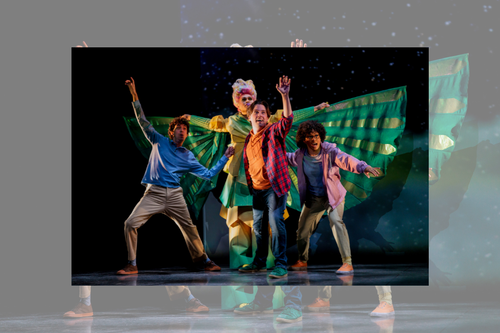 Noah Beemer as Charles Wallace Murray, Nestor Lorenzo Jr. as Mrs. Whatsit, Robert Markus as Calvin O’Keefe, and Celeste Catena as Meg Murray in the Stratford Festival’s 2023 World Premiere of A Wrinkle in Time. Original photo by David Hou.