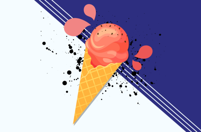 An ice cream cone rests on a dark blue and white background. Drips in different shades of orangey-pink burst away from the cone, while black splatter matching the sprinkles on top of the dessert rests just behind the cone.