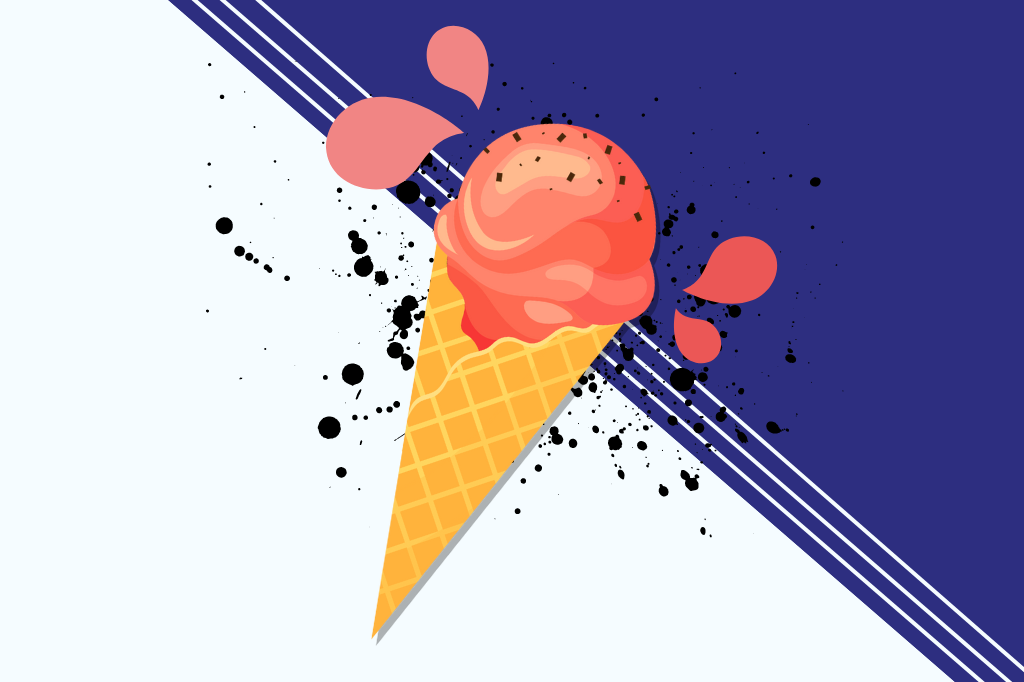An ice cream cone rests on a dark blue and white background. Drips in different shades of orangey-pink burst away from the cone, while black splatter matching the sprinkles on top of the dessert rests just behind the cone.