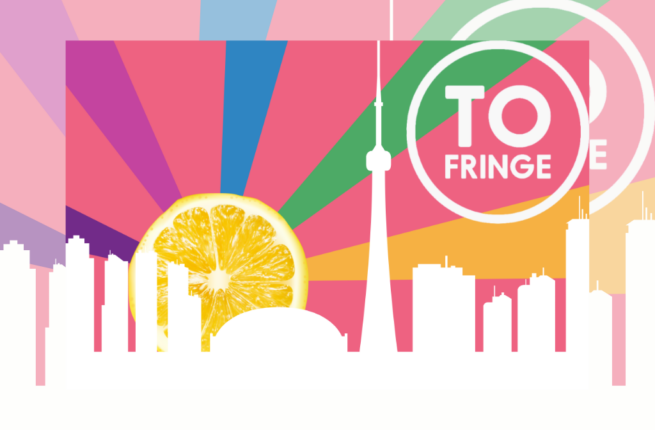 A white Toronto skyline set against a bright pink background. Behind the silhouette of the buildings is a slice of lemon positioned like the sun, radiating triangles of blue, green, orange, fucshia, and purple.
