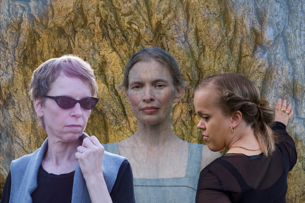 Alex Bulmer (left) and Alexia Vassos (right) stand glancing at each other slightly - Vassos looks over her left shoulder, her right arm outstretched as though leaning on a wall. Blumer ears dark glasses. Behind them is a faded image of Christine Horne in front of a tree which is only faintly visible. Translucent bark appears through the image, giving Horne a tree-like quality.