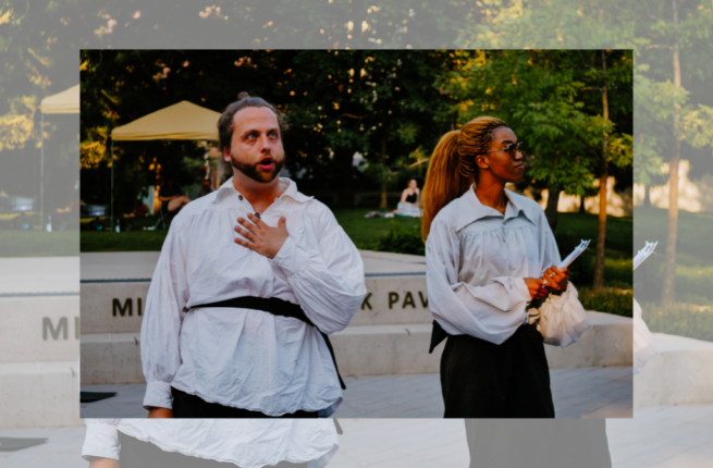 Tallan Alexander and Chi-Chi Onuah perform in Dauntless City Theatre's production of Vijay Padaki's Shakespeare By Any Other Name. They are outdoors, performing in St. James' Park. Both actors wear loose, white shirts; Chi-Chi wears sunglasses and looks off camera, while Tallan appears to be speaking to the audience. Original photo by Lightplay Society.