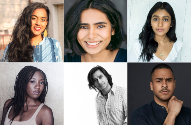 The cast headshots for Nikki Shaffeeullah's A Poem for Rabia, set to premiere at Tarragon Theatre. From top left, clockwise: Nikki Shaffeeullah, Adele Noronha, Michelle Mohammed, Jay Northcott, Anand Rajaram, and Virgilia Griffith.