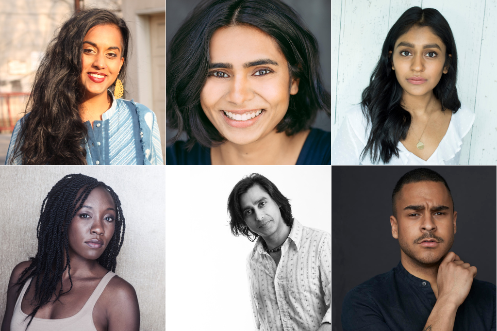 The cast headshots for Nikki Shaffeeullah's A Poem for Rabia, set to premiere at Tarragon Theatre. From top left, clockwise: Nikki Shaffeeullah, Adele Noronha, Michelle Mohammed, Jay Northcott, Anand Rajaram, and Virgilia Griffith.