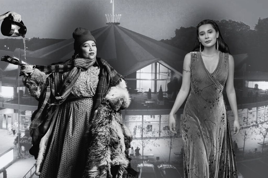 Black and white images of Joelle Peters (left) and Tara Sky (right) set over an image of the Stratford Festival Theatre. Sky wears a long dress, while Peters wears layers of scarves and furs. Peters holds a teacup in her right hand, and hand emerging from the left side of the photo pours coffee into the cup from above. Original images of Peters and Sky by Ted Belton.