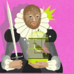 A figure in a puffy collar holds a caged bird and a sword.