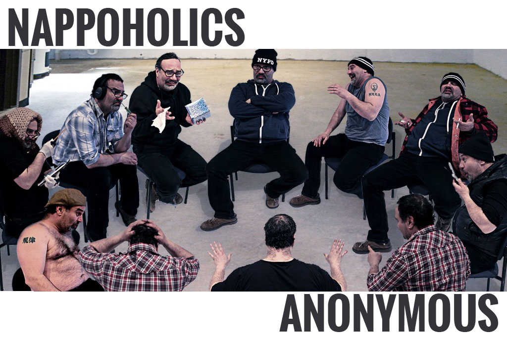 A graphic of Tony Nappo edited to appear as multiple people sitting in a circle as a spoof of Alcoholics Anonymous. At the top and bottom of the image is text that reads 