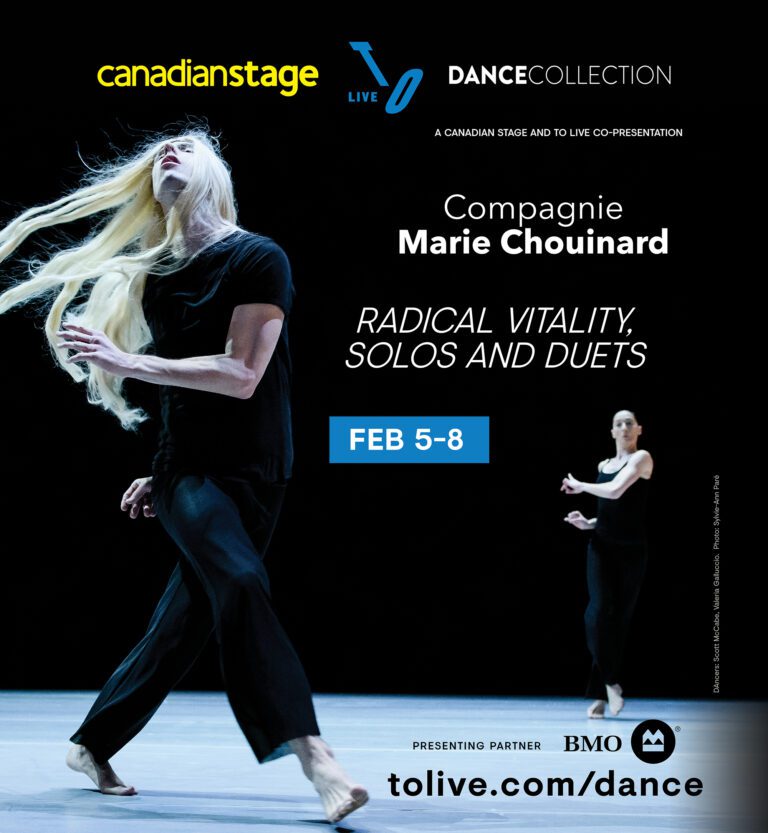Two dancers appear frozen in time, in the midst of dynamic movement. Around them, the text for the poster reads, 