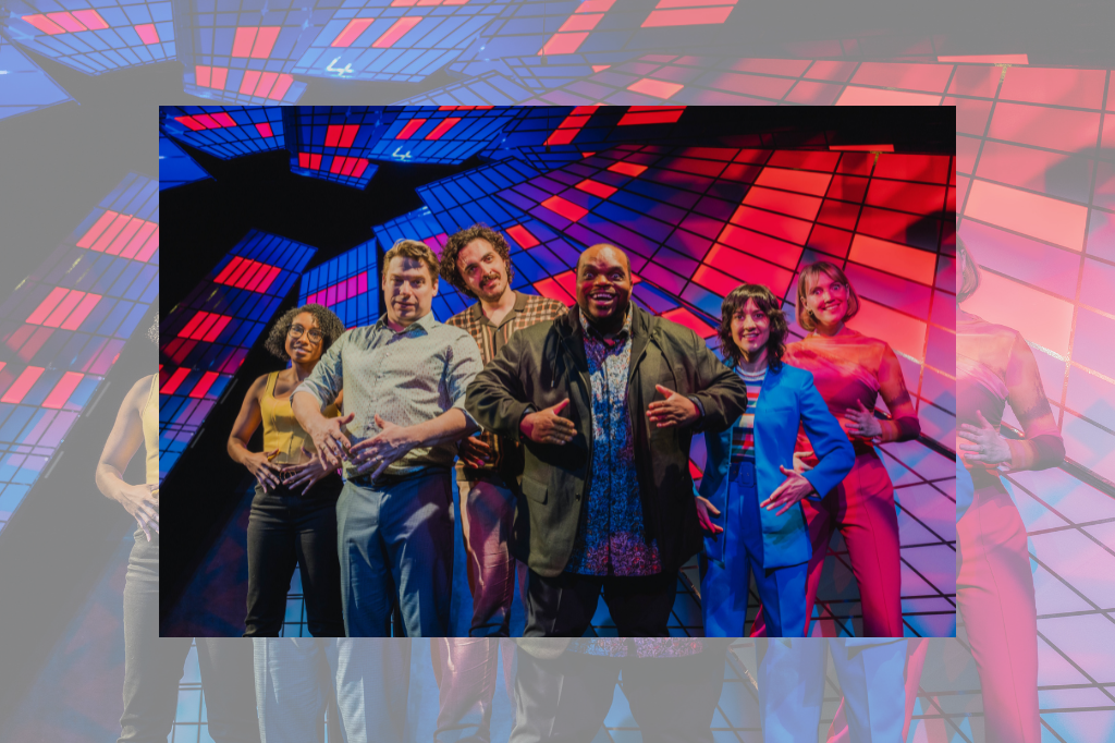 6 cast members of Skyline's the Limit onstage posing like robots with crazed facial expressions. Red and blue lights behind them.