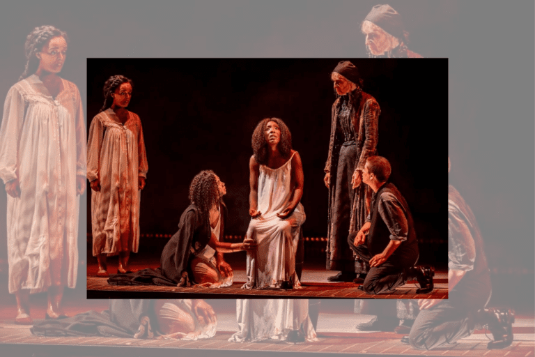 Helen Belay, Vanessa Sears, Virgilia Griffith, Nancy Palk, and Breton Lalama onstage in Soulpepper's production of Erin Shields' Queen Goneril.
