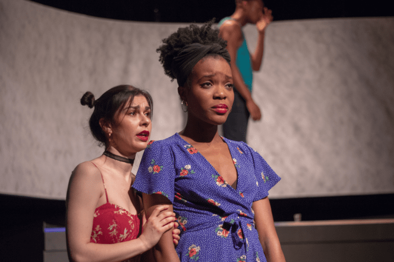 Caroline Toal, Rachel Mutombo, and Christopher Allen in Selfie at YPT. Scenographv by Claire Allison Hill; Projection Design by Daniel Oulton; Lighting Design bv Oz Weaver; and Sound Design by Deanna Hi Choi. Photo by Ali Sultani.