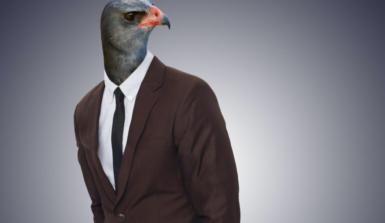 Parliament of the Birds Promo Image, the body of a man in a suit with a bird head.