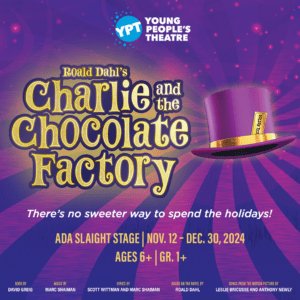 Charlie and the Chocolate Factory wordmark with Willy Wonka's purple hat.