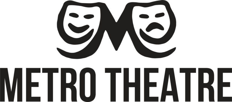 Metro Theatre logo with big M above, each corner curls into a theatrical mask. 