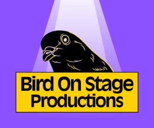 Purple background with a black photo of a bird, in yellow and black text it reads 