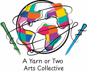 A ball of yarn that also looks like a colourful patchwork world, with two knitting needles that also looks like colourful pens