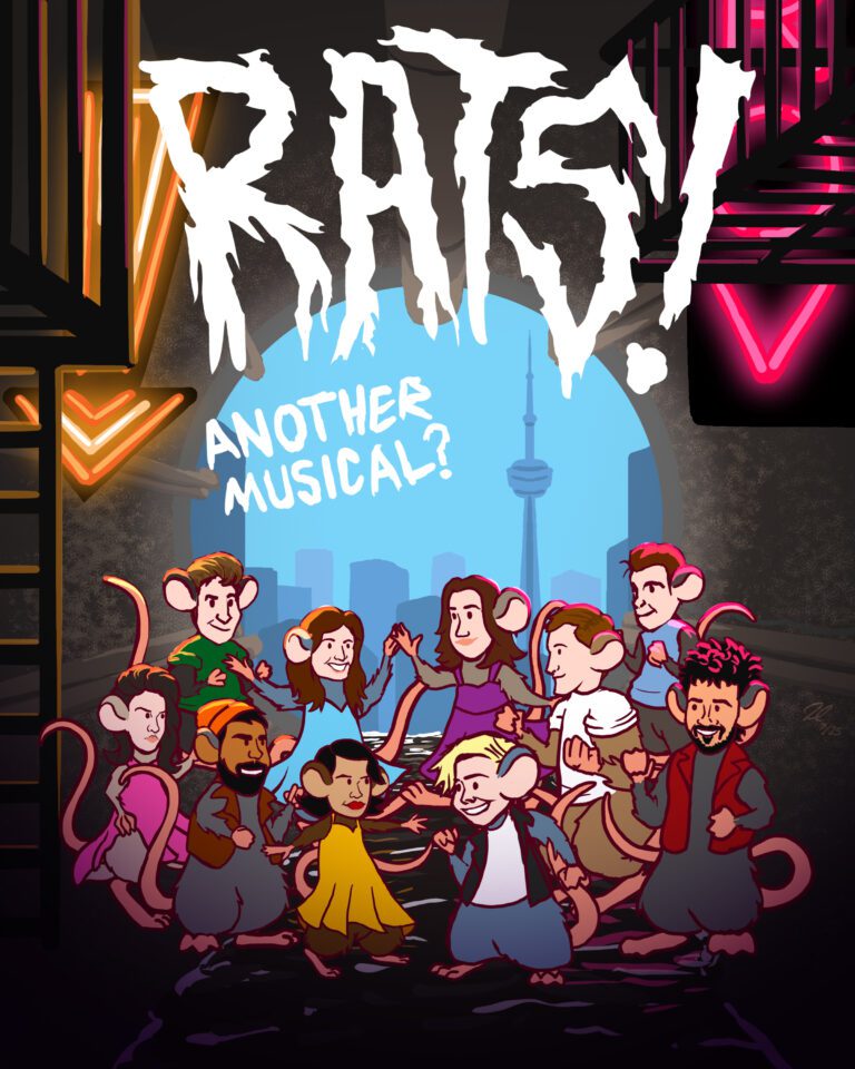 RATS! Another Musical? logo. Spooky lettering saying “RATS! Another Musical?” hangs above illustrated rat versions of the troupe members mid-rumble.