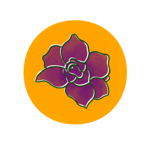 A purple flower sits against a circular orange bakcground.