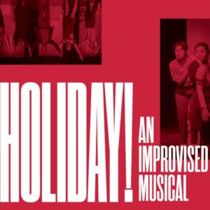 a group of performers singing with holiday an improvised musical in text