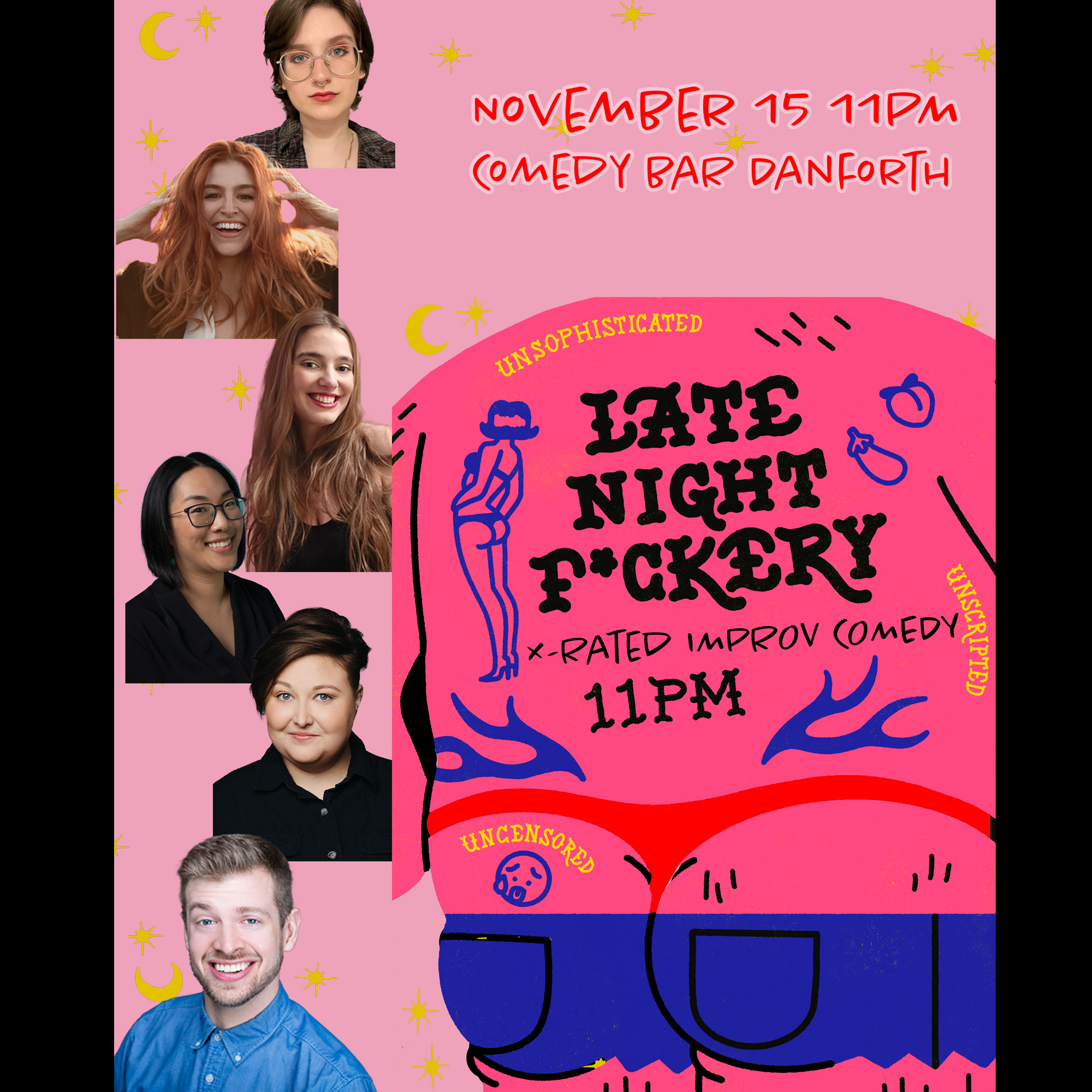 the cast of late night fckery and the backside of a pink cartoon person with multiple tattoos, text reads 