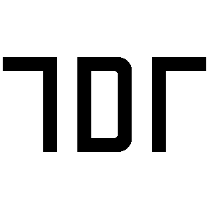 A stylized black silhouette of the letters TDT, emphasizing a stage in playful and creative demeanor.