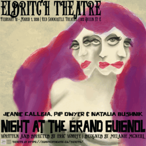 a three-headed woman with reddish purple hair, overly large eyes, and emphasized lips, stares at the viewer