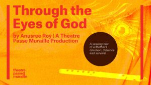 Orange background with red "Through the Eyes of God" text, yellow feather in the background